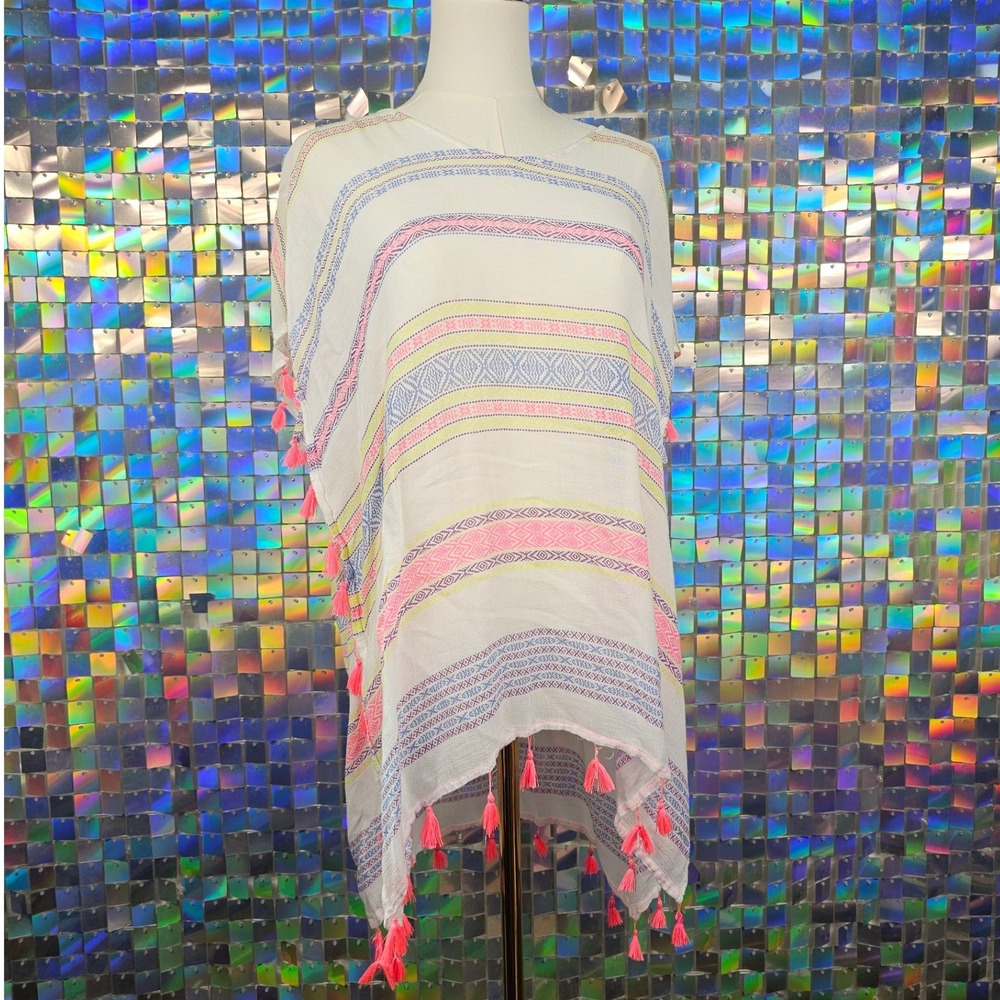 Surf Gypsy White‎ Pink Blue Yellow Striped Tassel Poncho Cover Up Top S